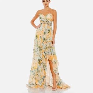NEW Mac Duggal Ruffled 68117 ASYMMETRICAL Hem Strapless Gown sz 8 $558 Floral